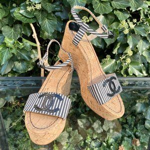NEW! CHANEL Cork Platform Striped Wedge Sandals Size EU39